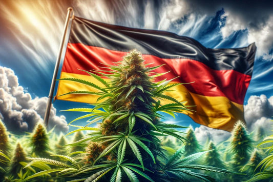 Planta de canábis em frente a uma bandeira alemã a tremular