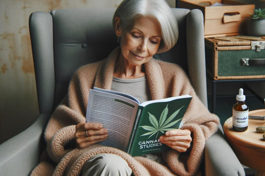  Mulher idosa com um livro sobre canábis na mão