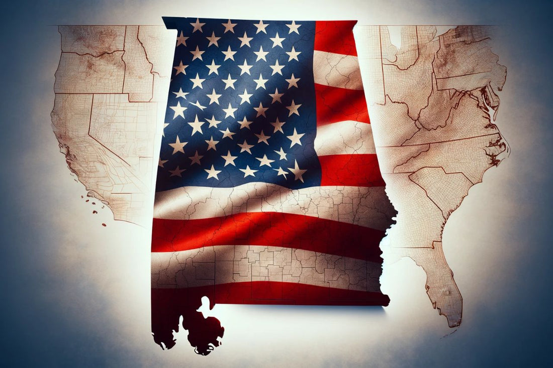 Mapa do Alabama e bandeira dos EUA