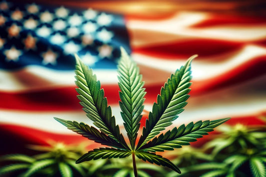 Folha de cannabis em frente à bandeira dos EUA