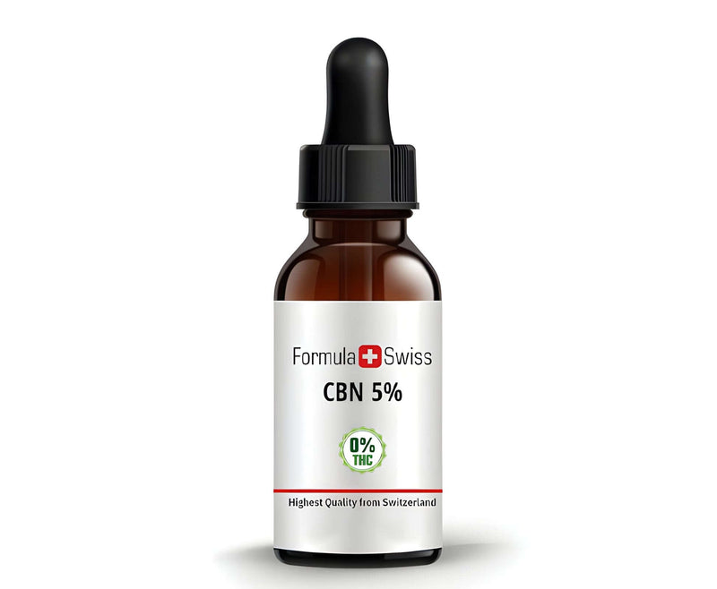 Óleo de CBN a 5% da Formula Swiss, com 0% de THC, num frasco conta-gotas âmbar