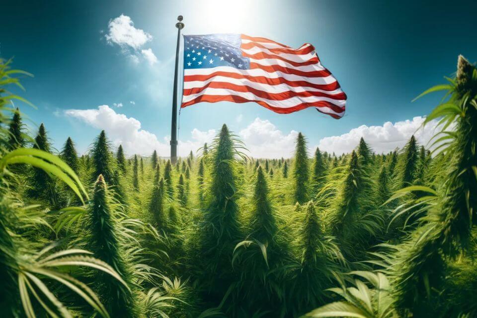 Bandeira americana num campo de canábis