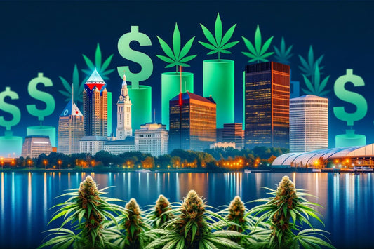 Cannabis com a paisagem urbana do Ohio ao fundo