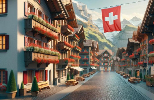 Agitando a bandeira suíça numa pequena cidade na Suíça