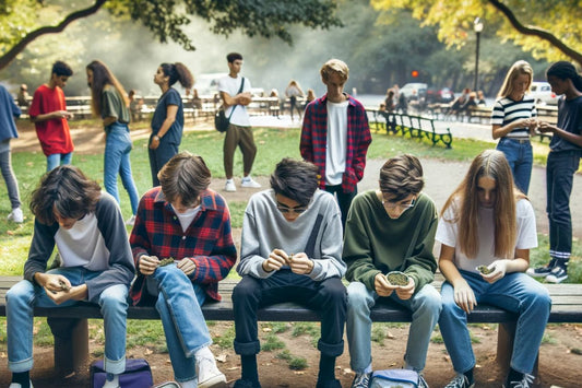 Grupo de adolescentes sentados num banco