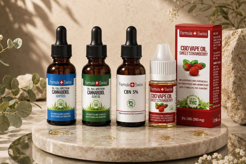 Óleos de CBD a 5% da Formula Swiss em óleo de sementes de cânhamo e em azeite, óleo de CBN a 5% e um óleo de vaporização de CBD de morango num suporte de mármore