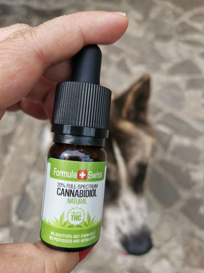 Pessoa com um frasco: óleo de CBD em óleo MCT natural (Formula Swiss)