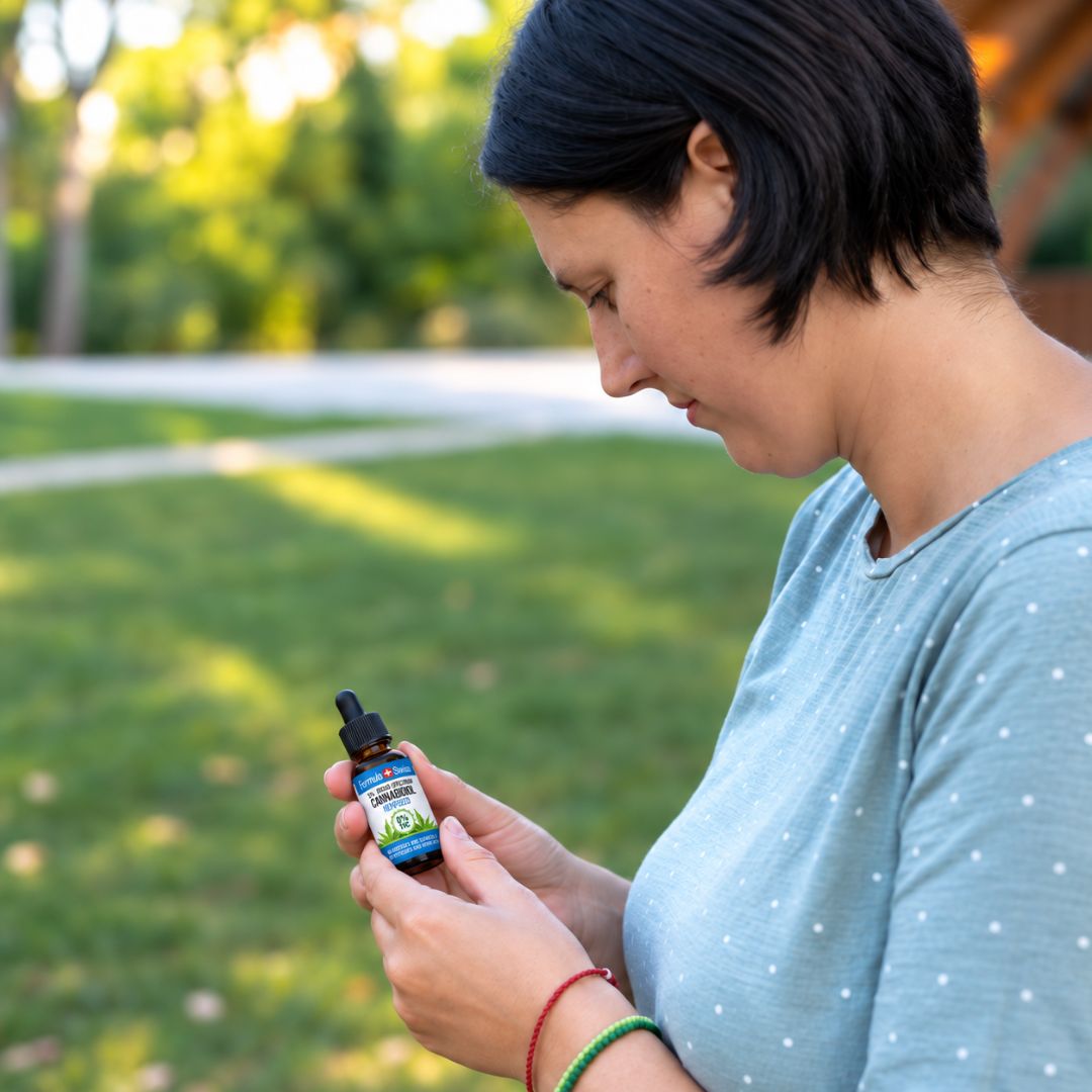Mulher num parque a ler o rótulo de um frasco de óleo de CBD, com t-shirt azul às bolinhas e pulseiras coloridas