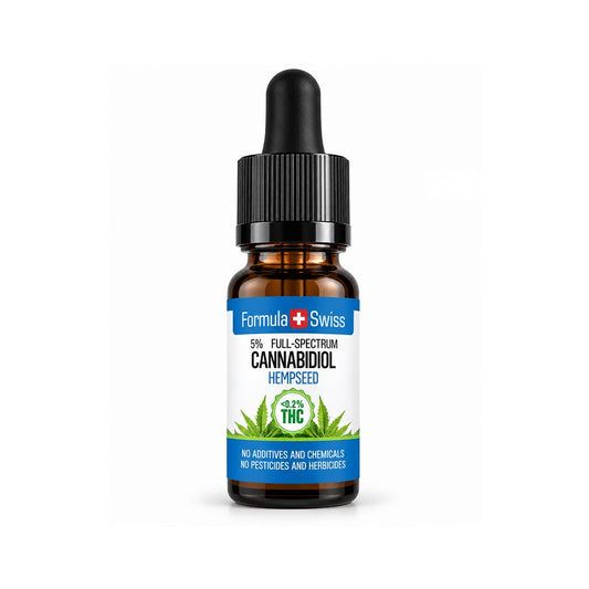A small amber glass dropper bottle of Formula Swiss Cannabidiol Hempseed oil with a black cap and a white label featuring blue bands and green hemp leaves, centered on a white background.