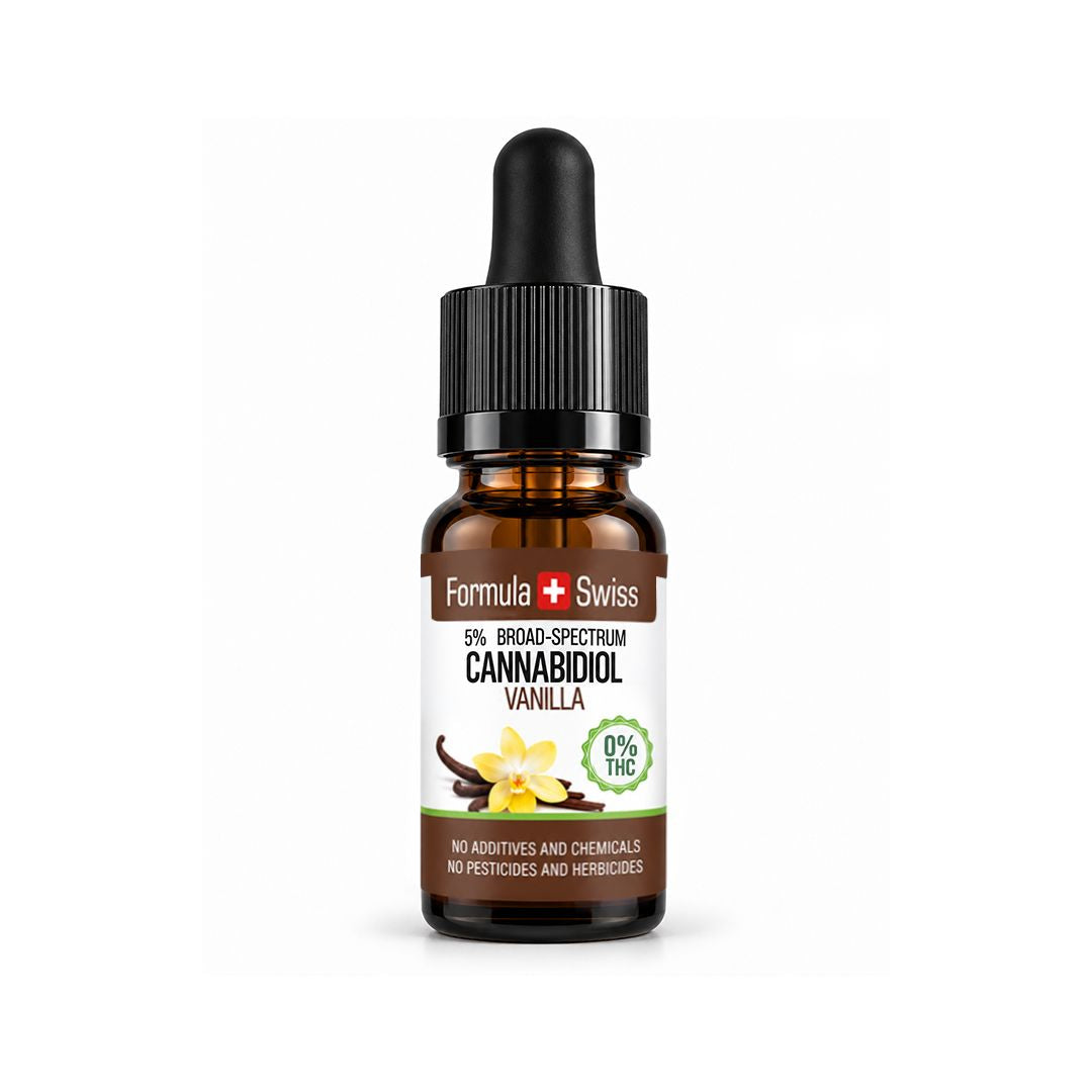 Conta-gotas de óleo de CBD em óleo MCT com aroma de baunilha da Formula Swiss, 5% de espetro amplo, rótulo com flores de baunilha