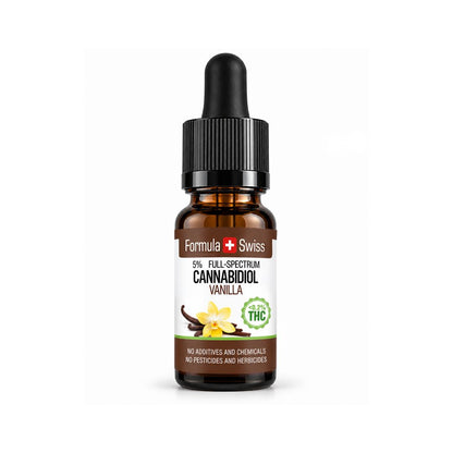 Conta-gotas de óleo de CBD em óleo MCT com aroma de baunilha da Formula Swiss, 5% de espetro completo, rótulo com flores de baunilha