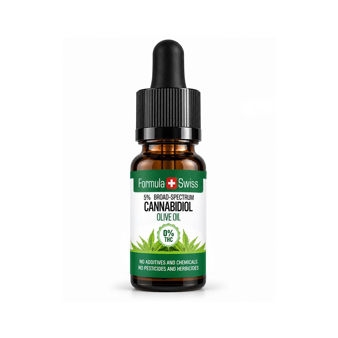 Conta-gotas âmbar de óleo de CBD em azeite da Formula Swiss, 0% THC, com tampa preta, sobre fundo cinzento-claro