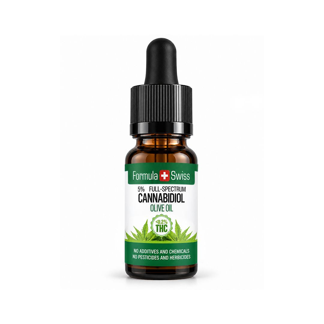 Conta-gotas âmbar de óleo de CBD em azeite da Formula Swiss, <0,2% THC, com tampa preta, sobre fundo cinzento-claro