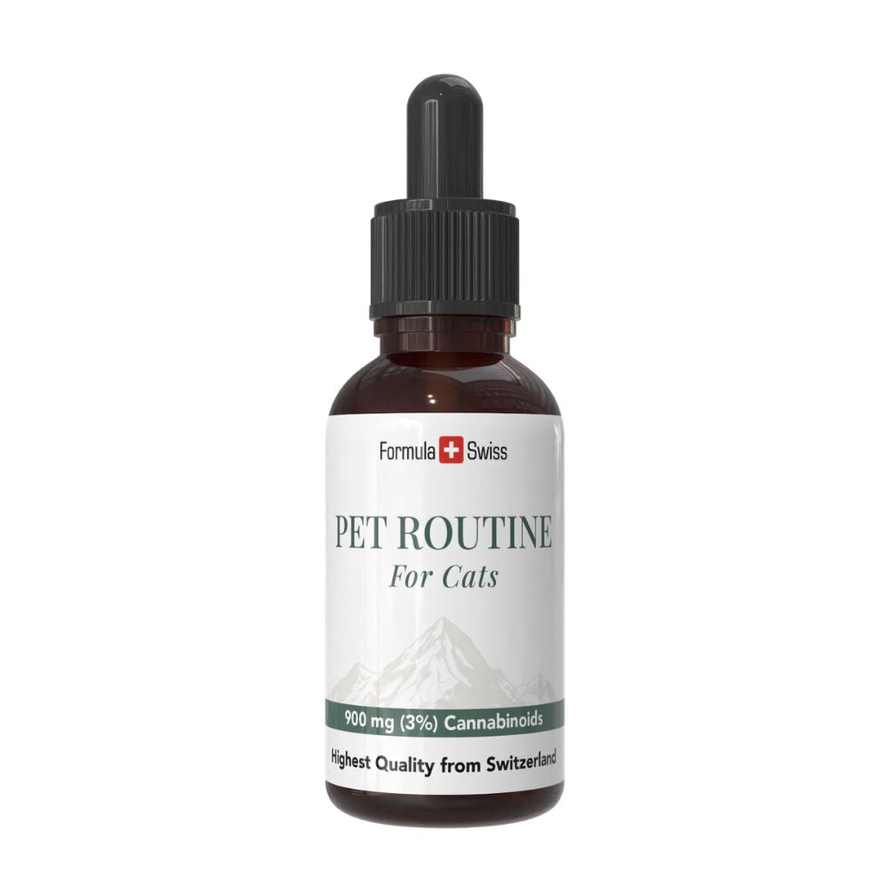 Frasco de Pet Routine para gatos com a marca Formula Swiss sobre fundo branco