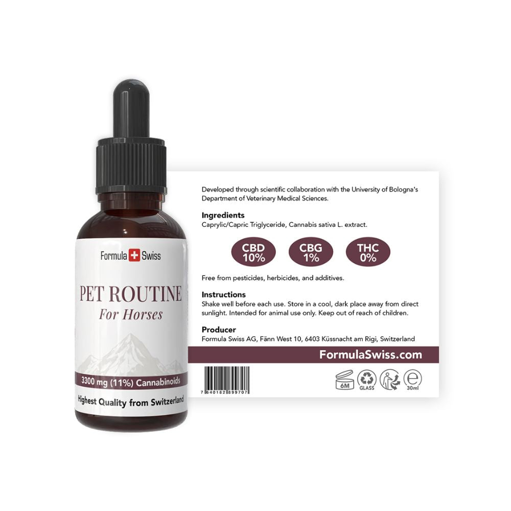 Formula Swiss Pet Routine para cavalos – óleo de CBD 10% CBD: frasco com rótulo