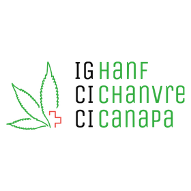 IG Hanf indústria de cannabis associação logotipo com uma folha de cânhamo verde, cruz suíça e nome multilíngue.