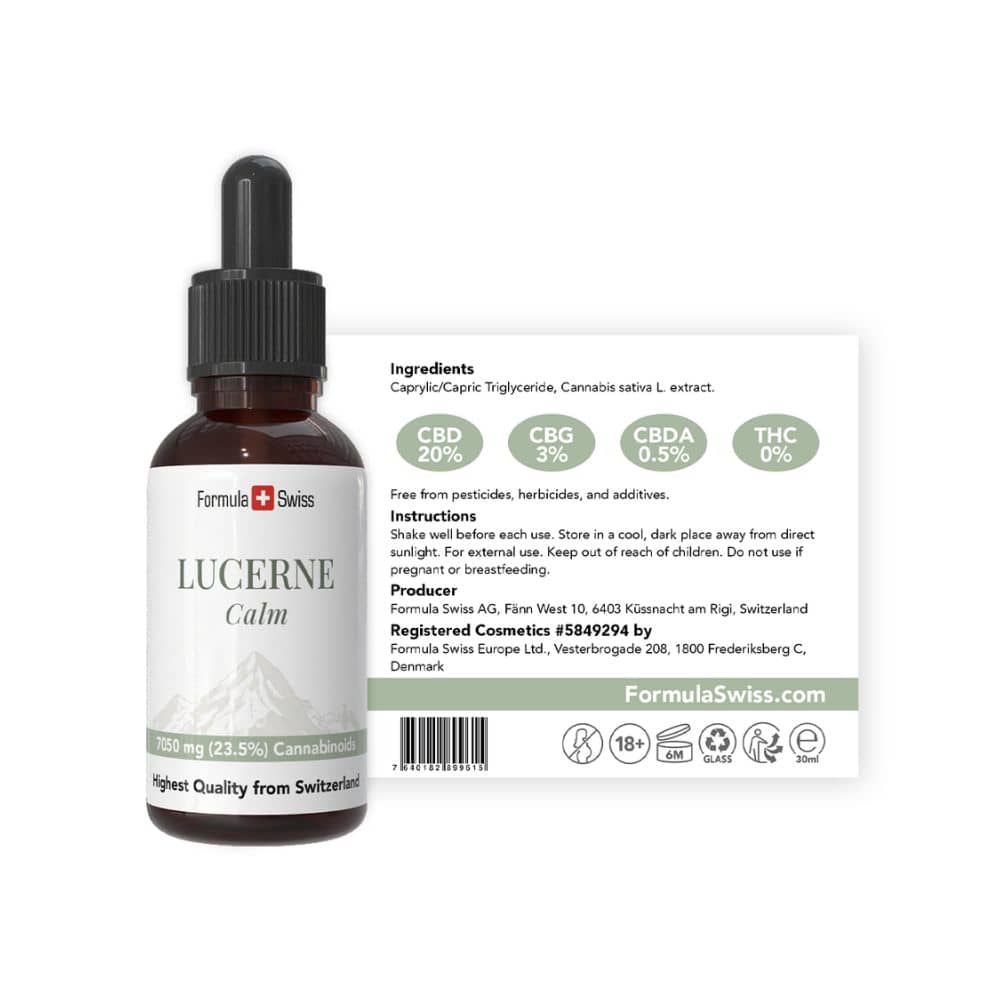 Frasco de Lucerne Calm com o respetivo rótulo sobre fundo branco