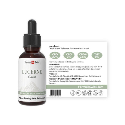 Frasco de Lucerne Calm com o respetivo rótulo sobre fundo branco