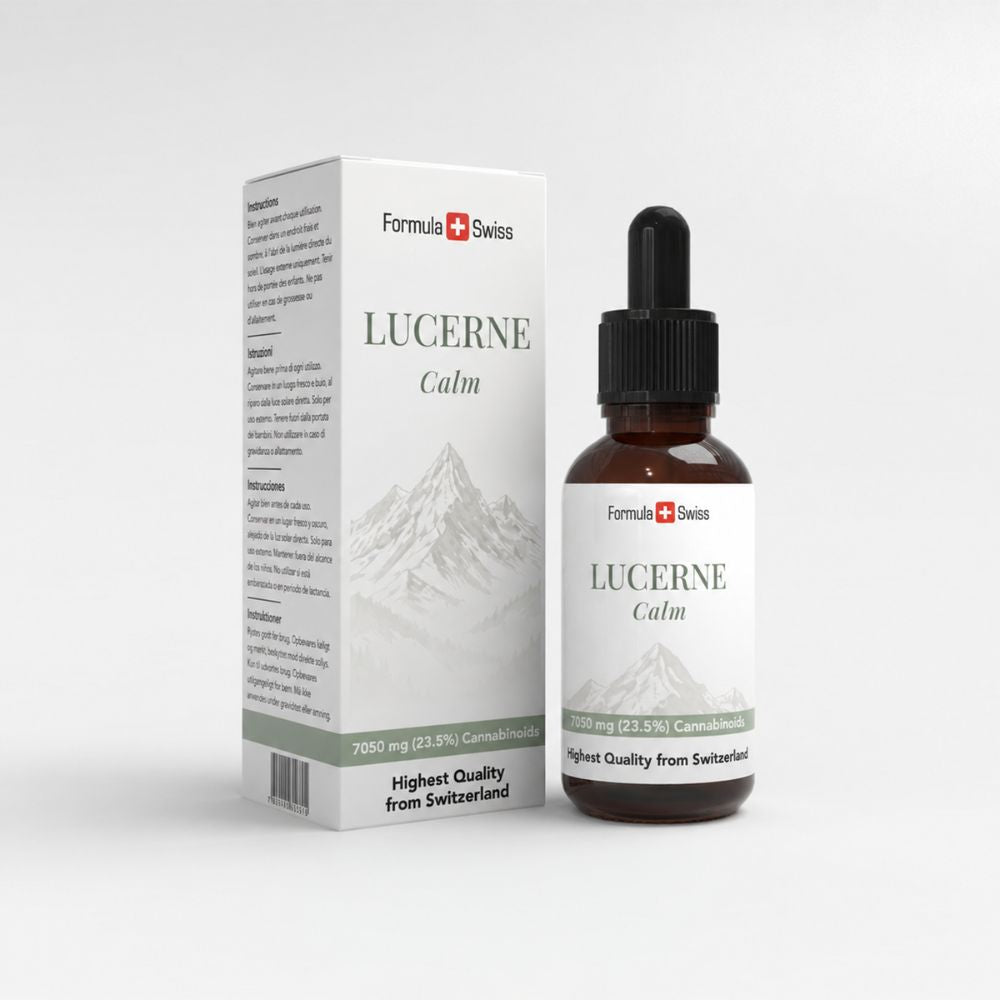 Frasco e embalagem de Lucerne Calm da Formula Swiss sobre fundo branco