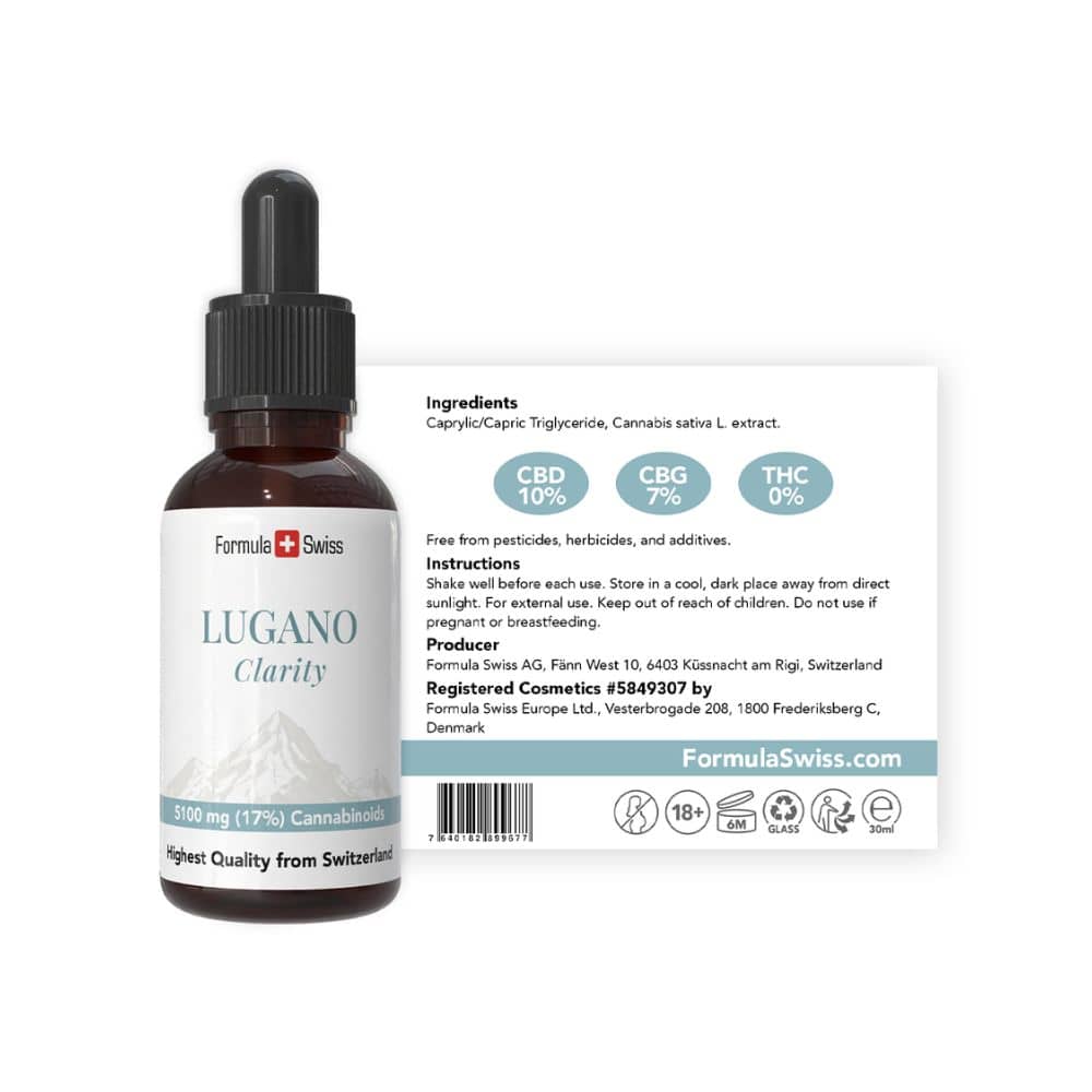 Frasco conta-gotas de CBD com o rótulo Lugano Clarity da Formula Swiss sobre fundo branco