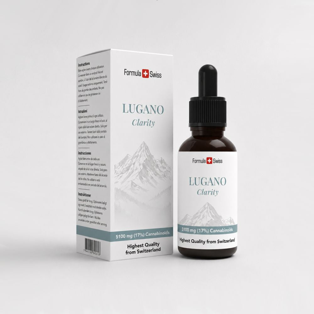 Formula Swiss Lugano Clarity – Óleo de CBD 17% sem THC: frasco e caixa
