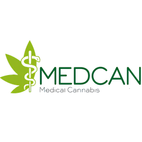 MEDCAN logotipo de cannabis medicinal com uma folha de cannabis verde e símbolo de farmácia em um fundo transparente.