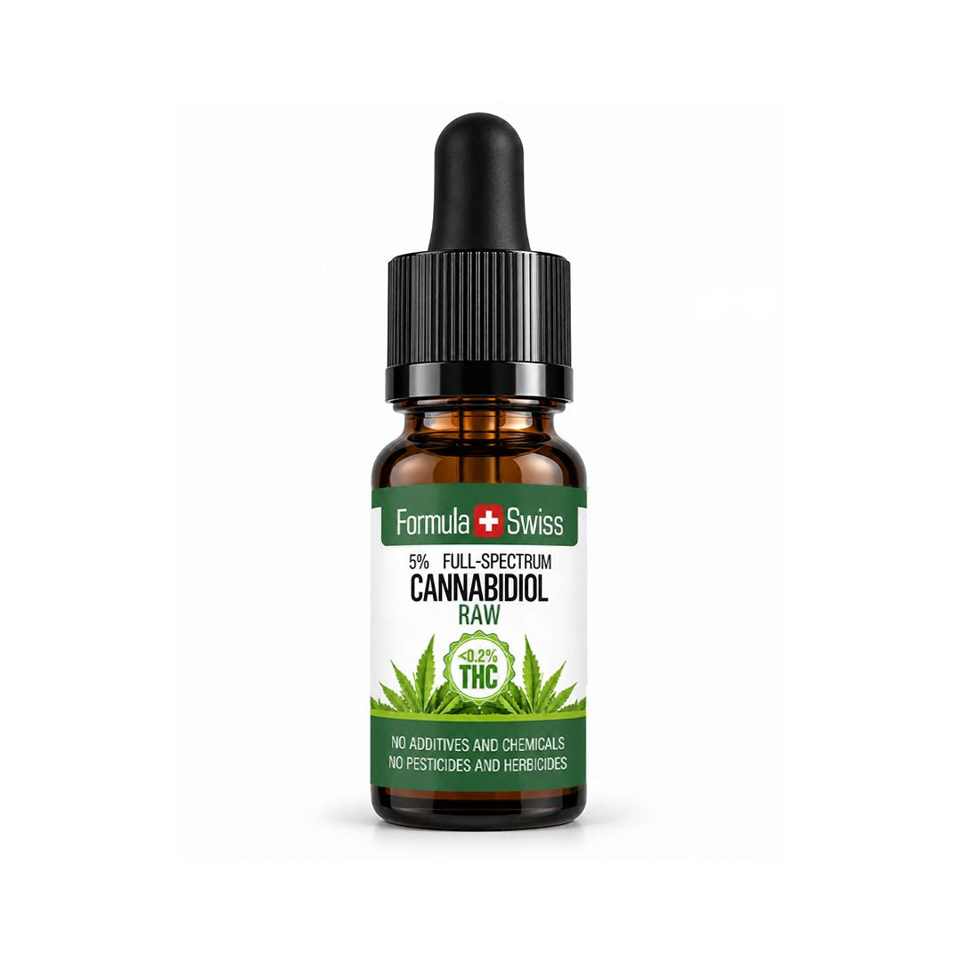 Conta-gotas âmbar de 10 ml de óleo de CBD RAW em óleo de sementes de cânhamo da Formula Swiss, 5% de espetro completo