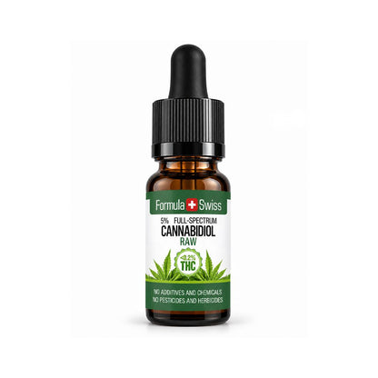 Conta-gotas âmbar de 10 ml de óleo de CBD RAW em óleo de sementes de cânhamo da Formula Swiss, 5% de espetro completo