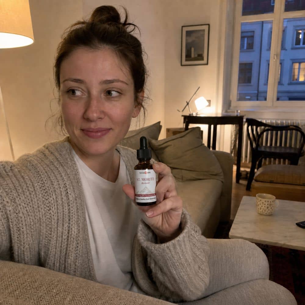 Mulher a segurar um frasco de óleo de CBD St. Moritz numa sala de estar
