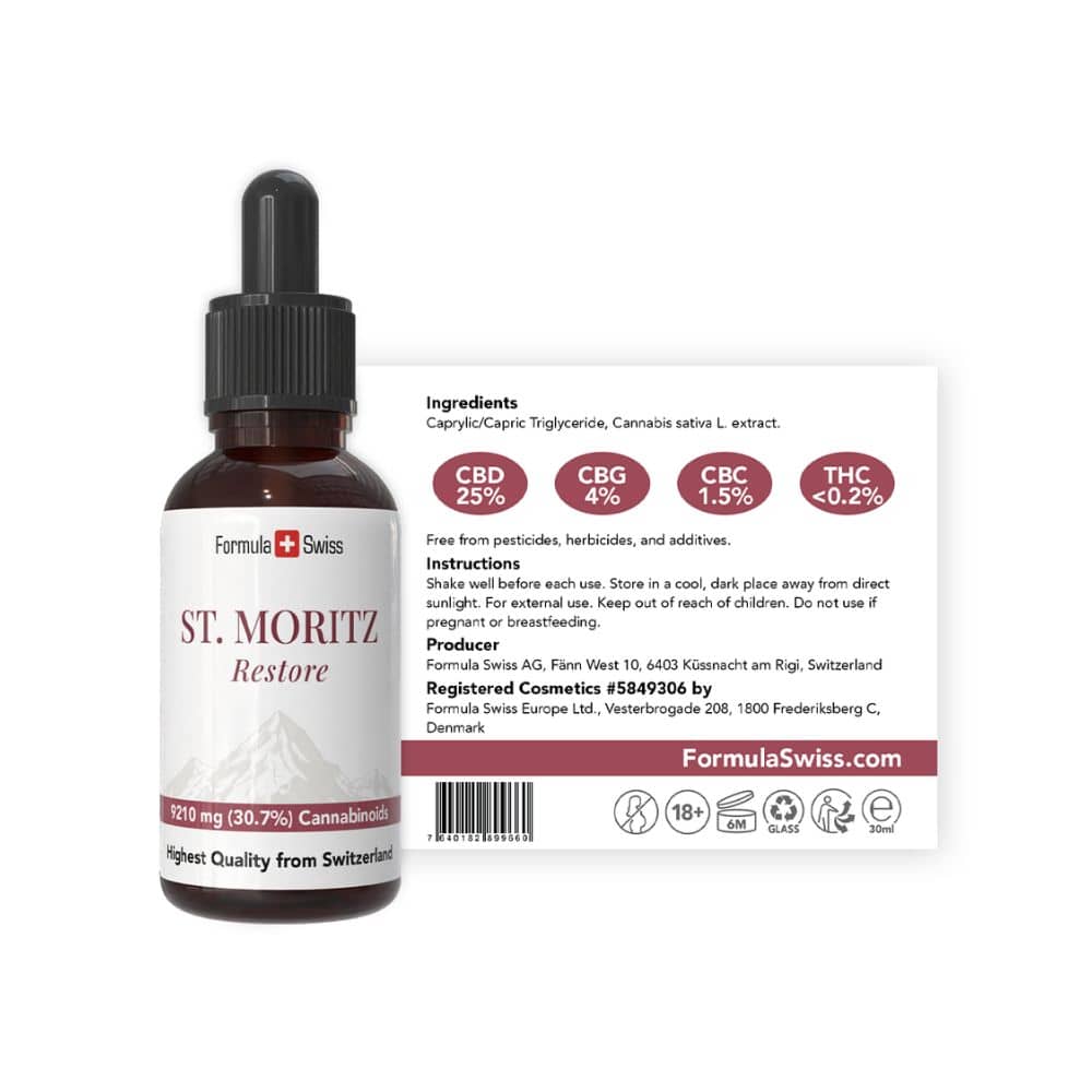 Formula Swiss St. Moritz Restore – Óleo de CBD 30,7% espetro completo: frasco com rótulo