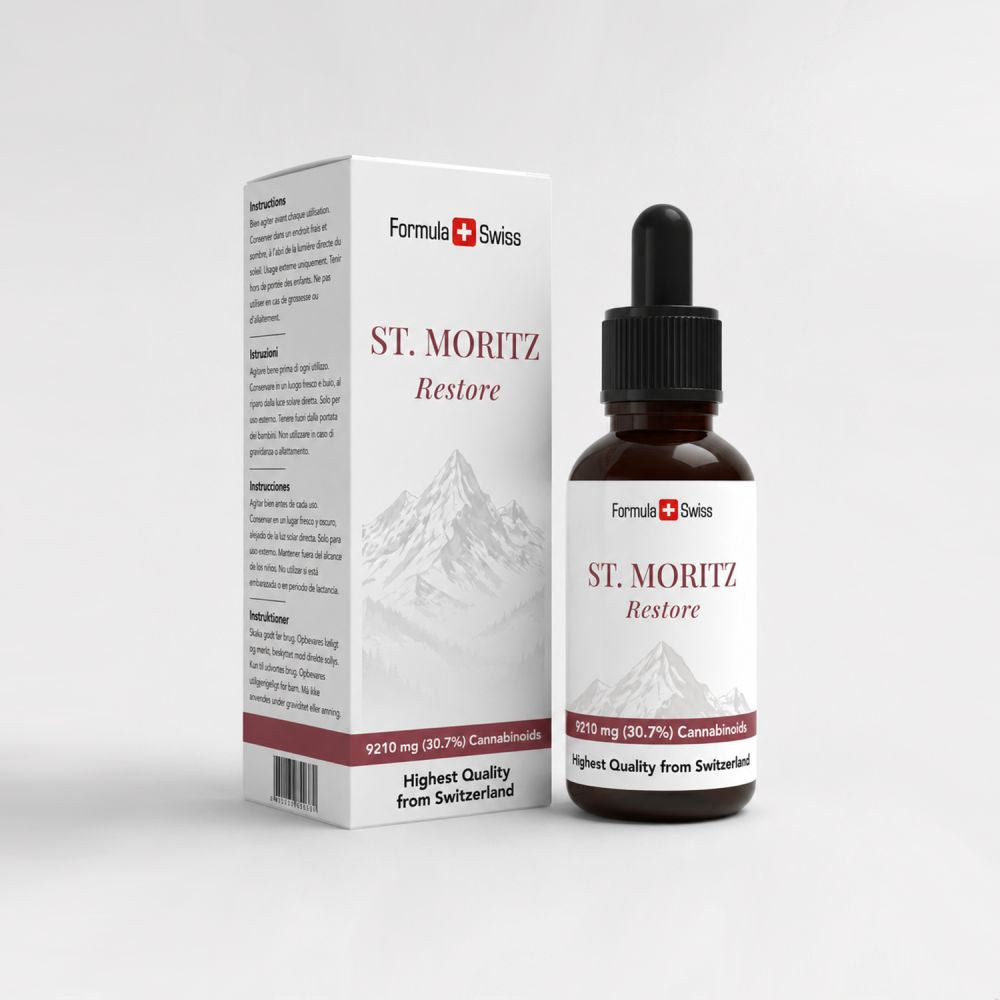 Formula Swiss St. Moritz Restore – Óleo de CBD 30,7% espetro completo: frasco e caixa