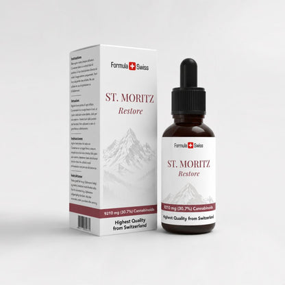 Formula Swiss St. Moritz Restore – Óleo de CBD 30,7% espetro completo: frasco e caixa