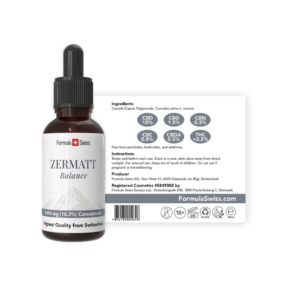 Frasco de CBD Zermatt Balance com rótulo sobre fundo branco
