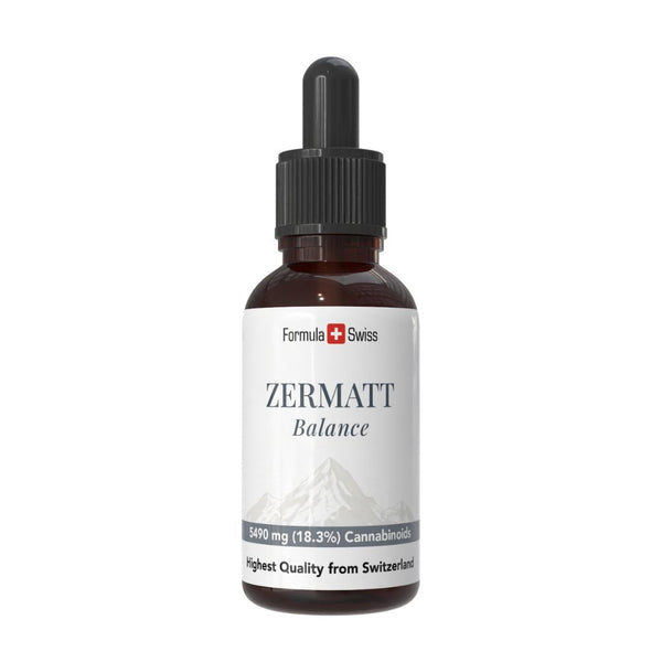 Frasco de óleo de CBD Zermatt com a marca Formula Swiss sobre fundo branco